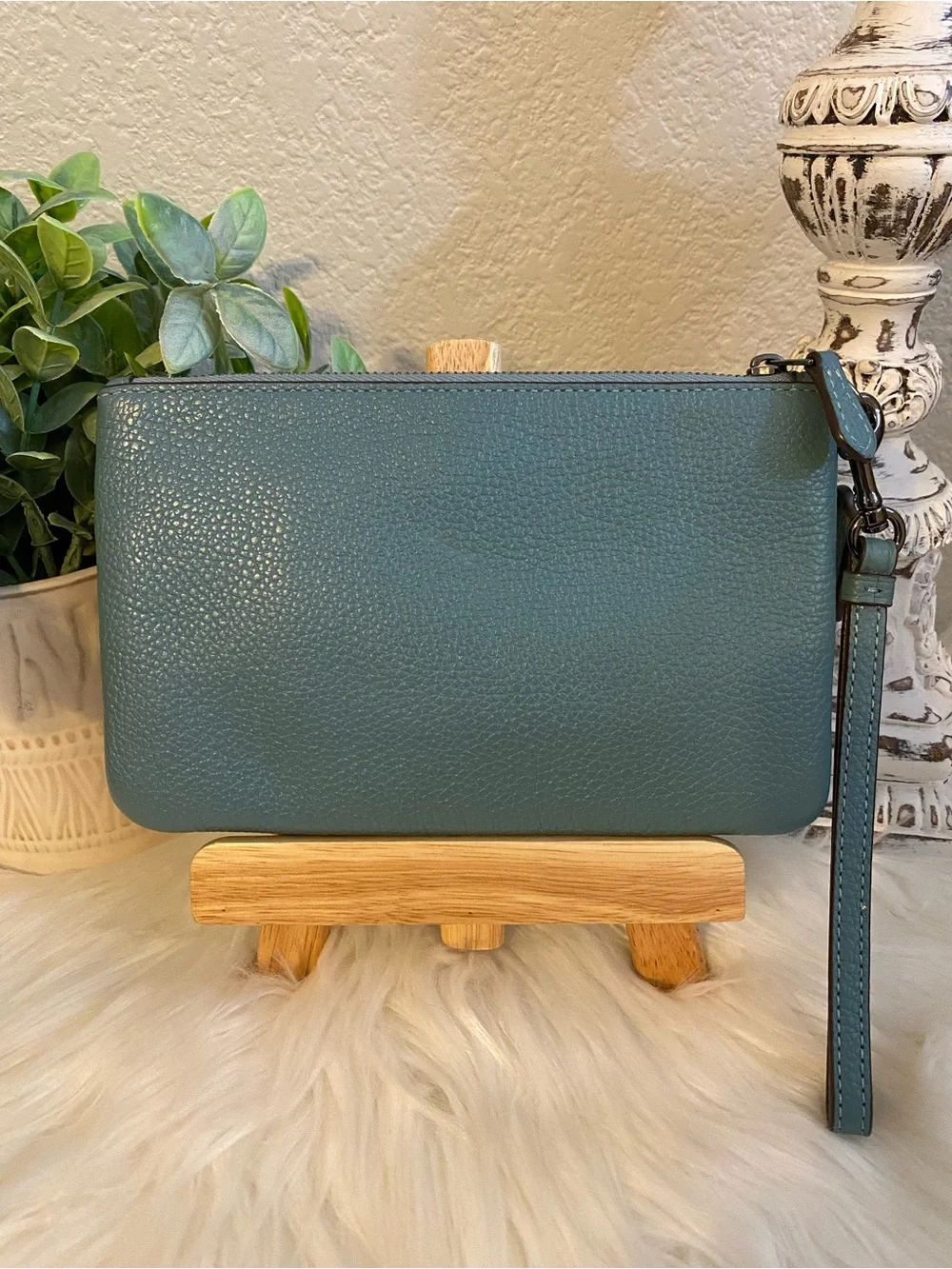 COACH Teal Leather Wristlet Pouch